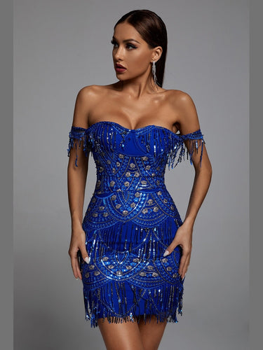 BLUE Sexy Off Shoulder Sequins Mini Dress