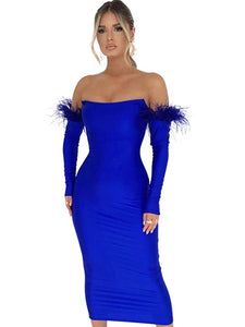 Sexy Off Shoulder Long Sleeve Blue Feather Dress