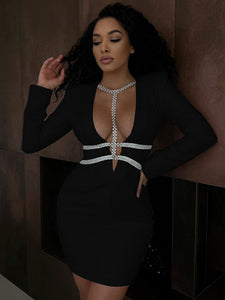 Black V Neck Long Sleeve Crystals Dress