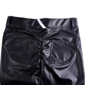 Women Leather Leggings Waist X Elastic Trousers Pocket Hip Push Up